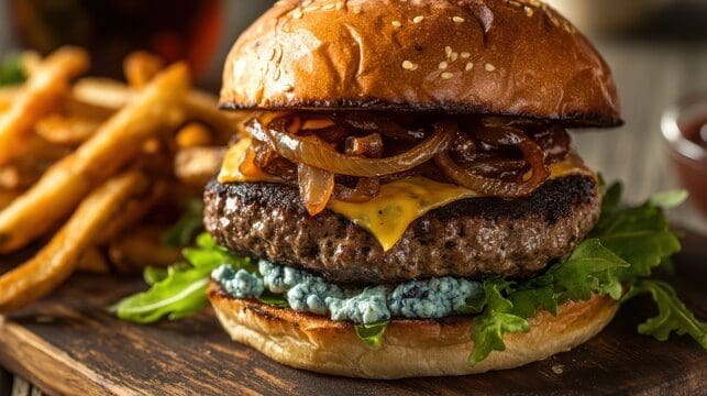 A hamburger with onions and cheese on top of it.