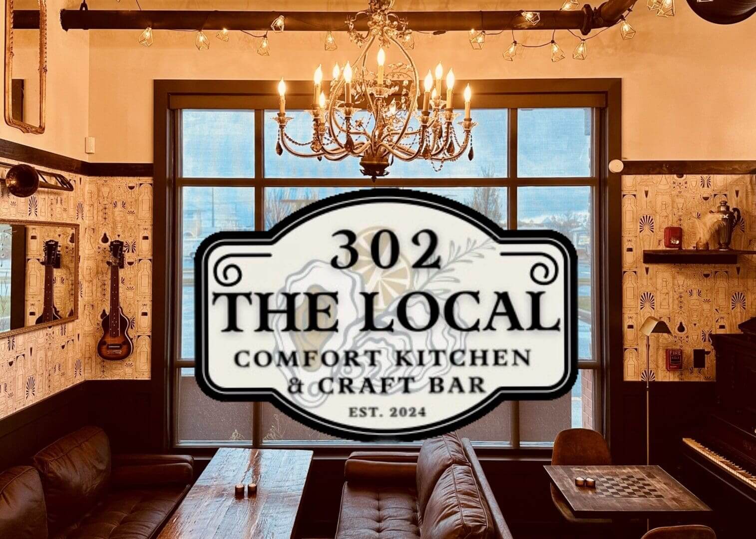 A room with a table and chairs, a window, and a sign that says " 3 0 2 the local comfort kitchen & craft bar."