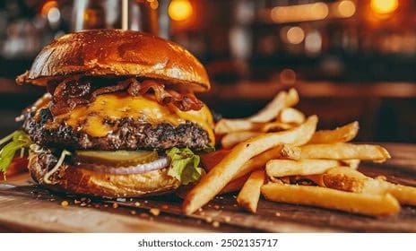A hamburger and fries on the table