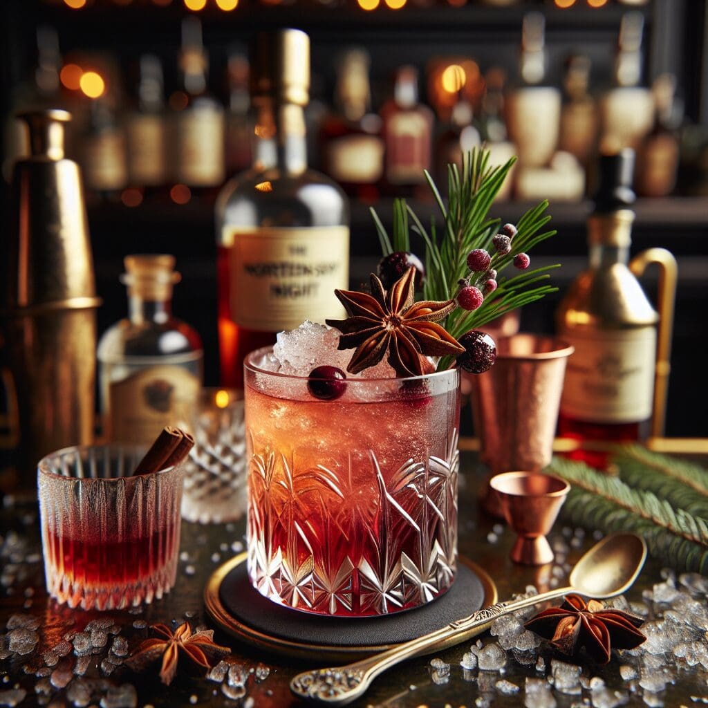 A glass of alcohol on the table in front of bottles.