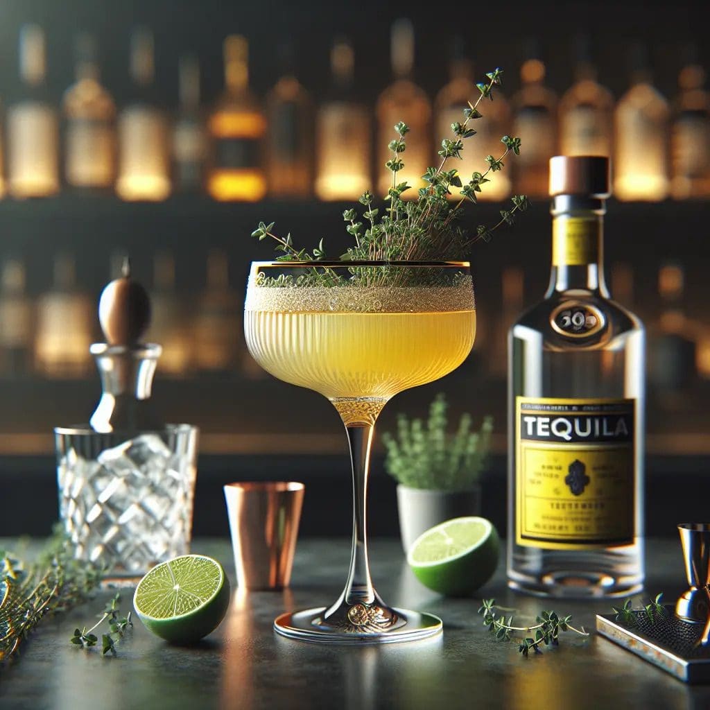 A margarita in a glass with lime and tequila.